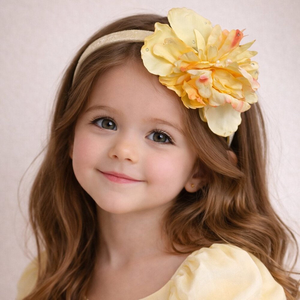 Meg Dana Boutique Yellow Peony Girls Hard Headband‎ with  Silk Flower & Crystals